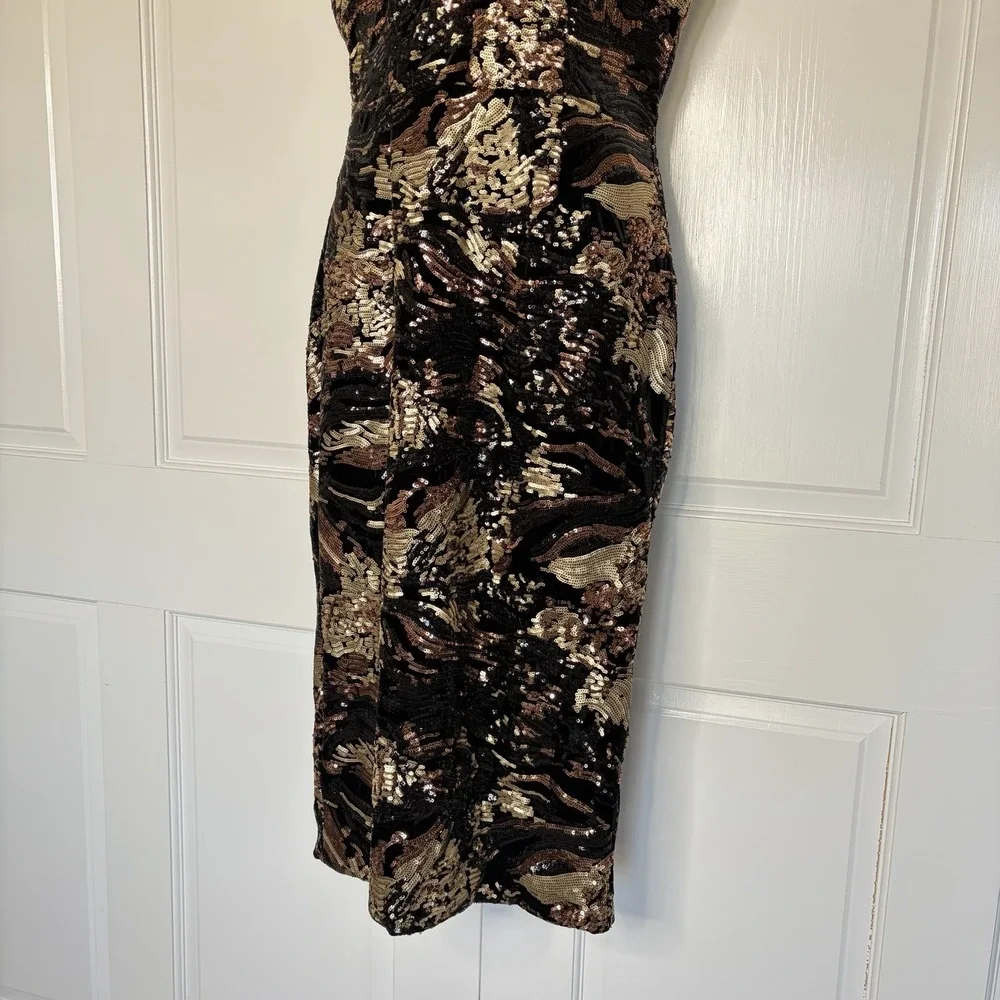 Dress the Population Black Gold Sequin Velvet V-Neck Cap Sleeve Sheath Midi Glam - Picture 4 of 12